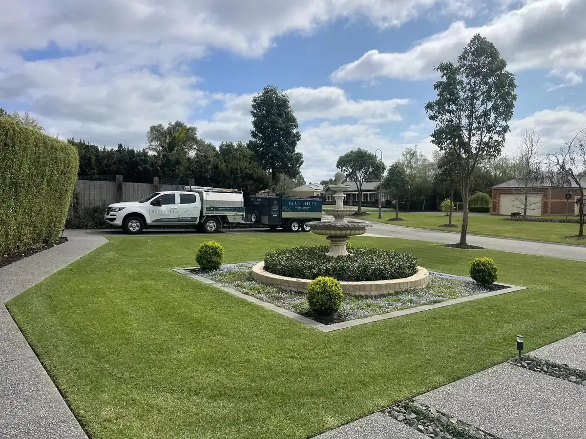 Blue Hills team performing professional lawn mowing on a residential property in Pakenham VIC
